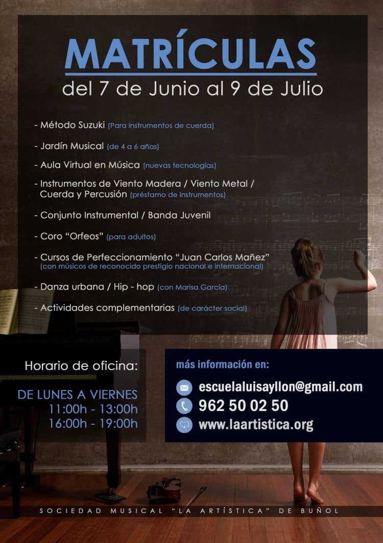 Comienza el periodo de matriculación de la Escuela de Música y Danza “Luis Ayllón” de Buñol