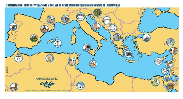 Mapa de bienes patrimonio de la humanidad del área mediterránea que se irá completando en la web de Casa Mediterráneo