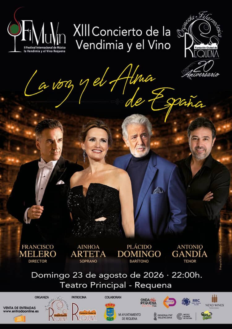 Plácido Domingo, Ainhoa Arteta y Antonio Gandía actuarán en una gala lírica del Festival FIMUVIN de Requena
